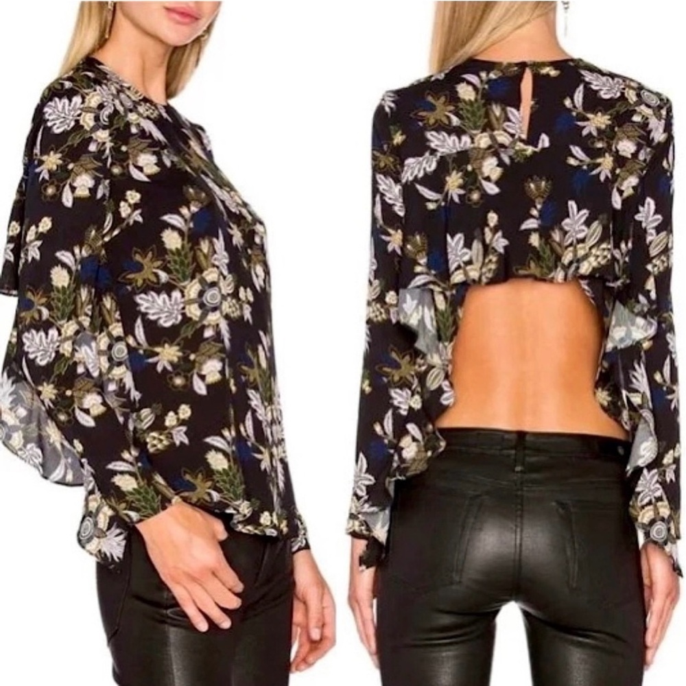 A.L.C. Vintage Floral Ruffle Long Sleeve Cropped Open Back Top - Size 6
